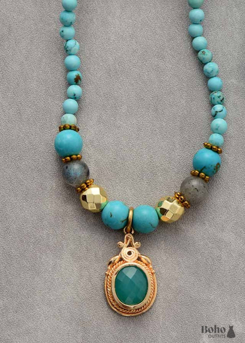 Boho Necklace, Mala Stone Beads Turquoise Gold